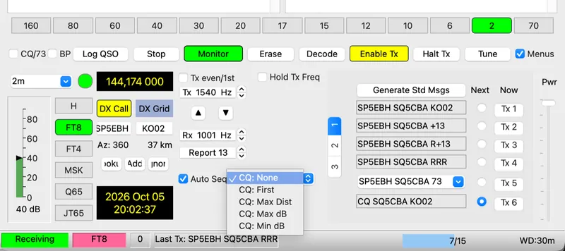 Fragment okna WSJT-X z rozwiniętą listą: CQ: None, CQ: First, CQ: Max Dist, CQ: Max dB, CQ: Min dB