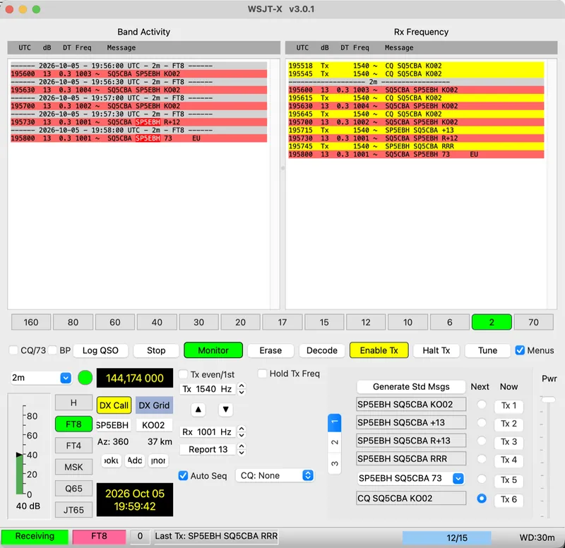Okno WSJT-X 3.0.1 po łączności z SP5EBH: lista dekodów, częstotliwość 144,174 000, wiadomości Tx1 do Tx6