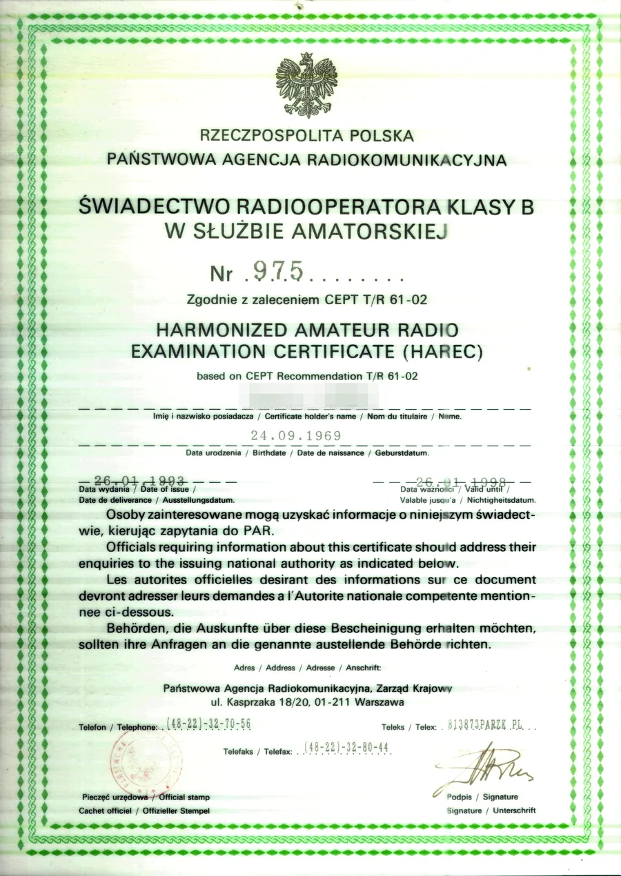 Świadectwo radiooperatora klasy B w służbie amatorskiej wydane przez PAR w 1993 roku, z nadrukiem HAREC