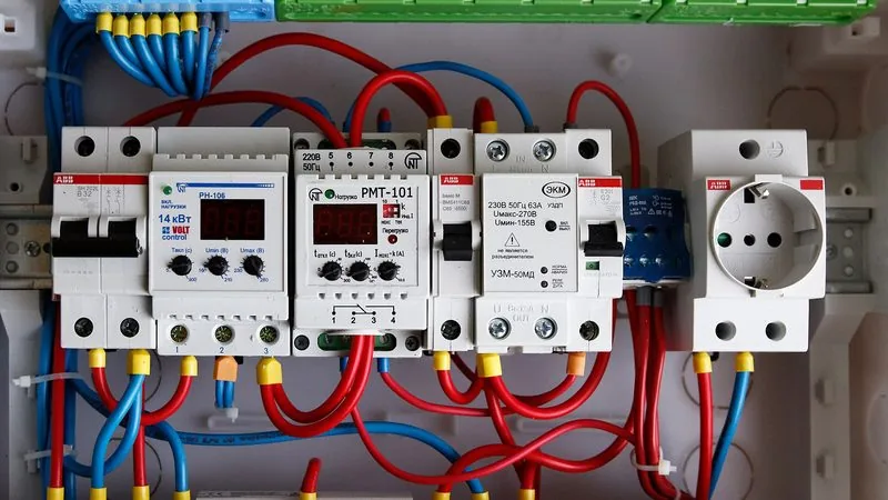 Rozdzielnica elektryczna z wyłącznikami nadprądowymi, przekaźnikami i kolorowymi przewodami