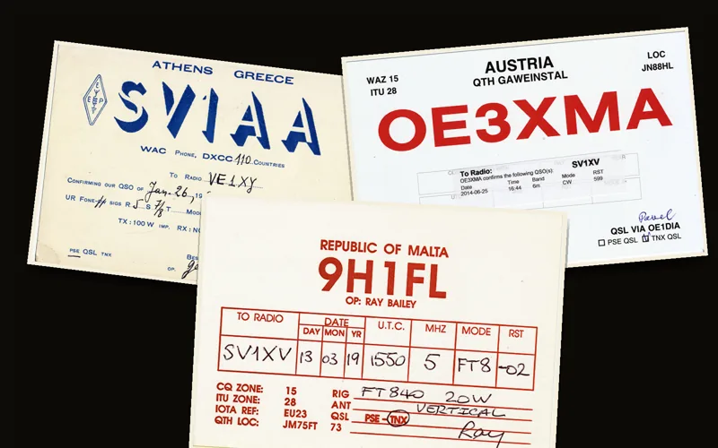 Trzy karty QSL: SV1AA z 1960 roku, OE3XMA z 2014 i 9H1FL z 2019 z rubrykami: znak korespondenta, data, UTC, MHz, emisja, RST