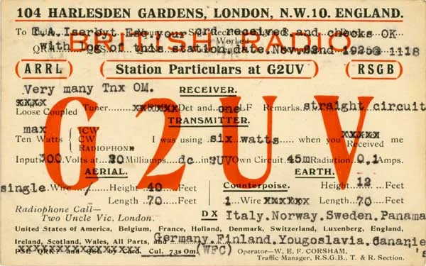 Karta QSL stacji G2UV z 1925 roku: duży znak 2UV, raport odbioru dla nasłuchowca