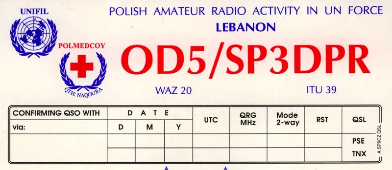 Niewypełniona polska karta QSL stacji SP3DPR z misji ONZ w Libanie, z polami na dane łączności
