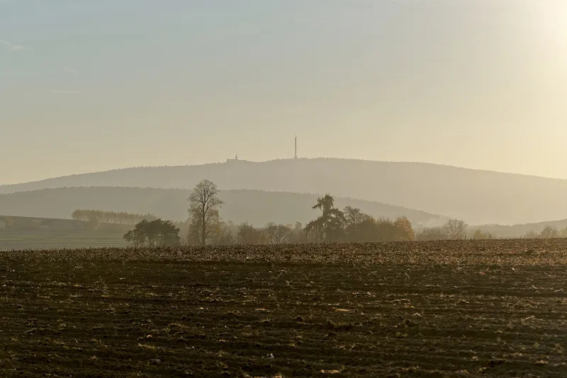 Zamglony widok na pasmo Łysej Góry z wieżą na szczycie; na pierwszym planie zaorane pole i pojedyncze drzewa w złotym świetle