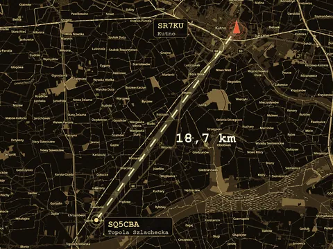Mapa okolic Łęczycy i Kutna: złota linia z Topoli Szlacheckiej do przemiennika SR7KU w Kutnie, 18,7 km